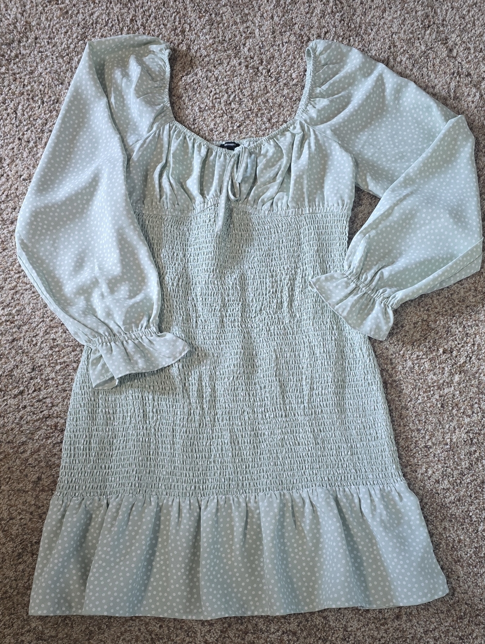Express Light Sage Polka Dot Smocked Mini Dress